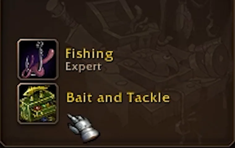 Entrées Fishing Expert et Bait and Tackle dans la fenêtre des métiers du client bêta de WoW Forever, sur un visuel d’équipement de pêche estompé