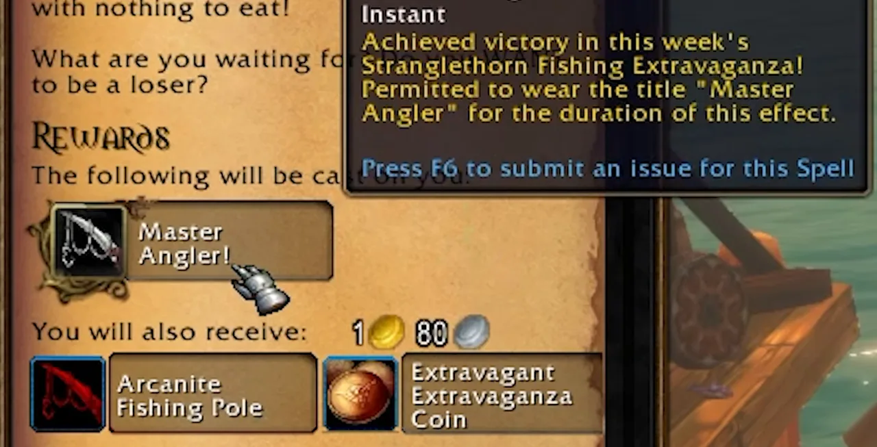 Panneau de récompense de quête dans la bêta de WoW Forever, listant le buff Master Angler, une Canne à pêche en arcanite et une Pièce d’extraordinaire extravagance