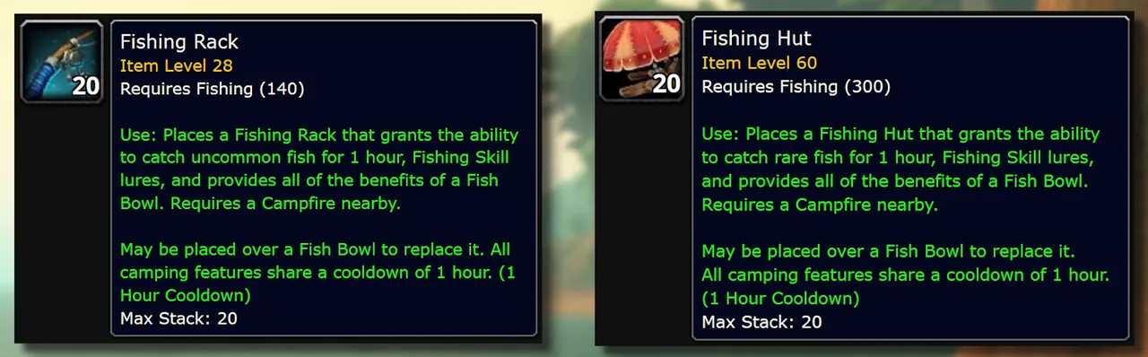 Infobulles du Râtelier de pêche et de la Hutte de pêche dans le client bêta de WoW Forever, nécessitant Pêche 140 et 300, chacune placée sur un Bocal à poisson