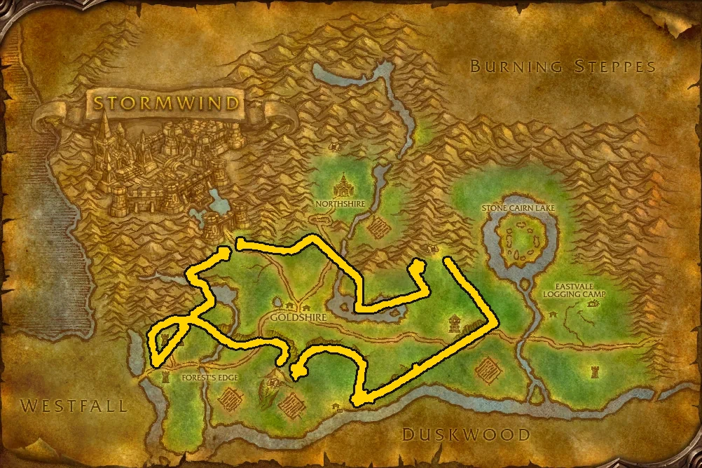 Circuito de minería provisional en el mapa de la zona de Bosque de Elwynn