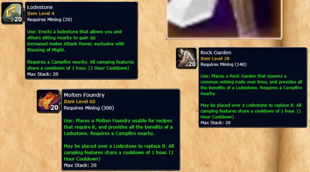 Descripciones emergentes de Magnetita, Jardín de piedra y Fundición de magma de la beta de WoW Forever, con requisitos de Minería de 20, 140 y 300 y un buff de 90 de Poder de ataque