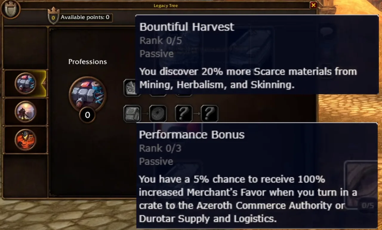 Legacy-Baum-Fenster im Reiter „Professions“ im Beta-Client, darüber die geöffneten Tooltips von Bountiful Harvest und Performance Bonus