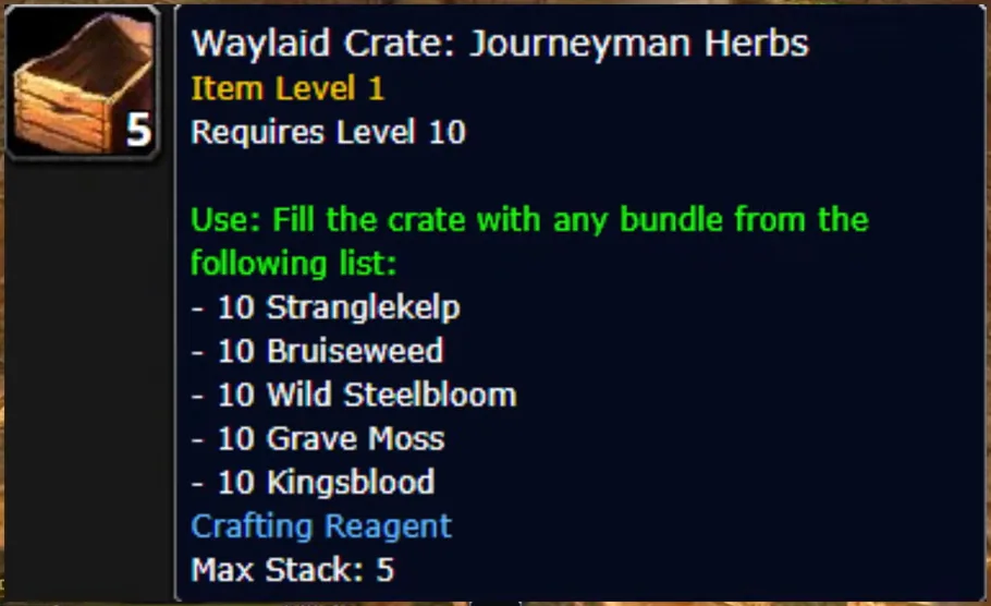Abgefangene Kiste: Tooltip zu Journeyman Herbs mit fünf alternativen Bündeln zu je 10 Kräutern.