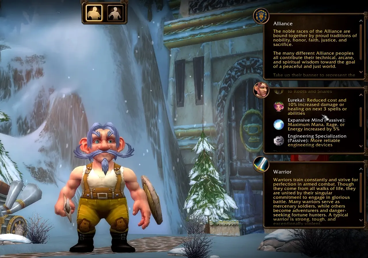 Volksfähigkeiten-Panel der Gnome auf dem Auswahlbildschirm von WoW Forever mit Eureka!, Wacher Geist und Engineering Specialization neben der Beschreibung eines Kriegers