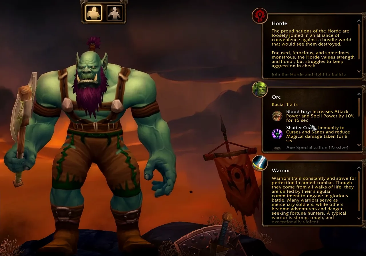 Volksfähigkeiten-Panel der Orcs auf dem Auswahlbildschirm von WoW Forever mit Kochendes Blut bei 10 % Angriffskraft und Zaubermacht für 15 Sekunden sowie Shatter Curse