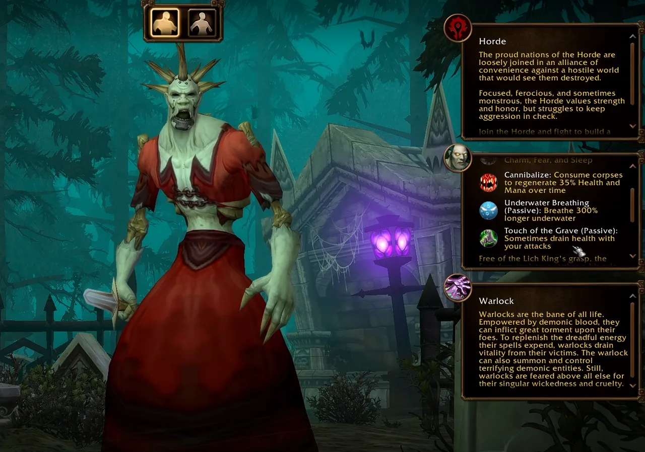 Volksfähigkeiten-Panel der Untoten auf dem Auswahlbildschirm von WoW Forever mit Kannibalismus, Unterwasseratmung und Touch of the Grave, Hexenmeister ausgewählt