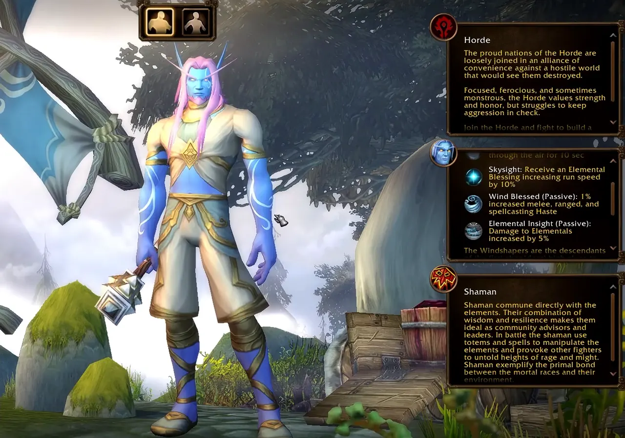 Volksfähigkeiten-Panel des Himmelsgeborenen der Windformer auf dem Auswahlbildschirm von WoW Forever mit Skysight, Wind Blessed und Elemental Insight, Schamane ausgewählt