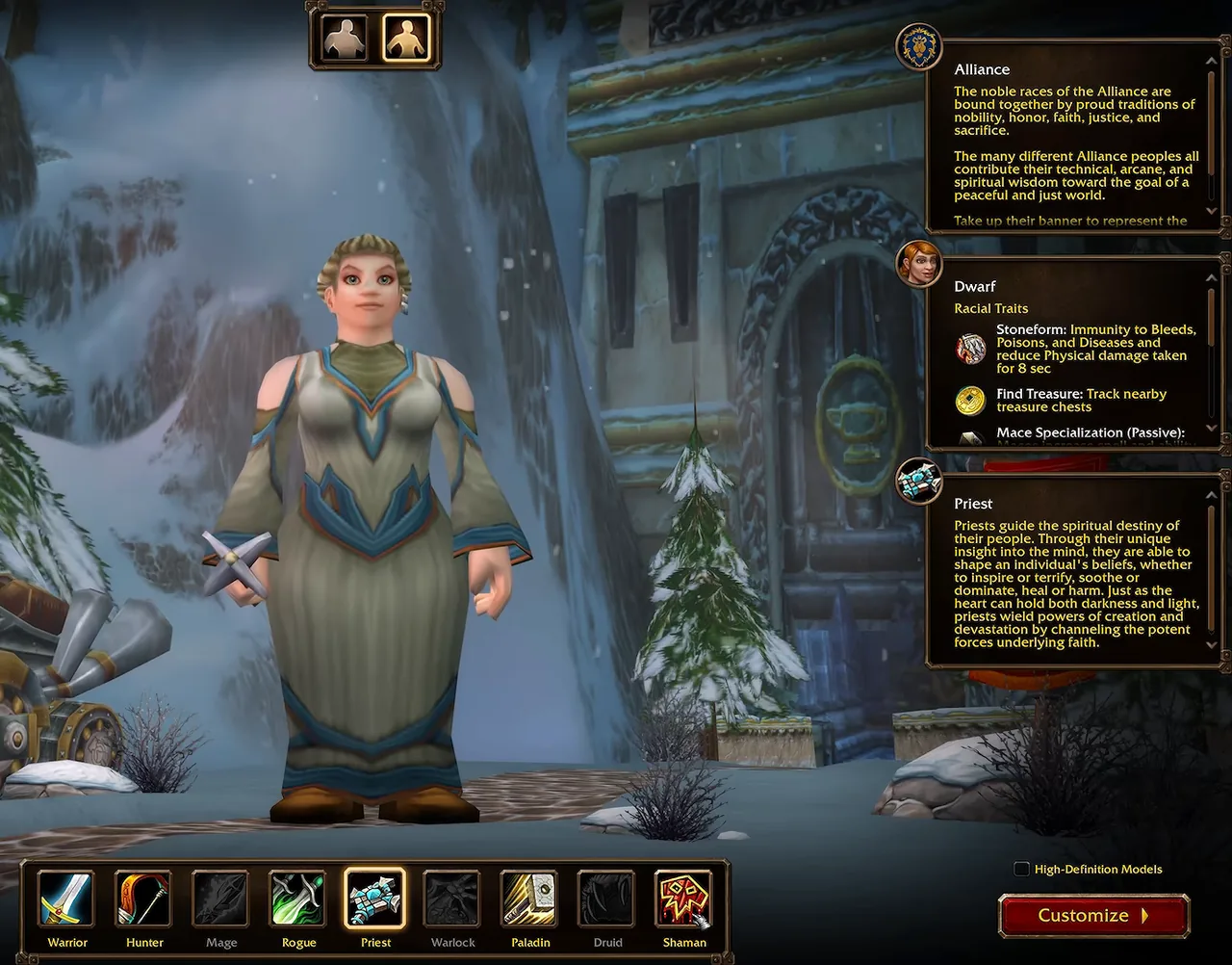 Panel de habilidades raciales del enano en la pantalla de selección de WoW Forever, con Petraforma, Buscar tesoro y Mace Specialization, con sacerdote elegido