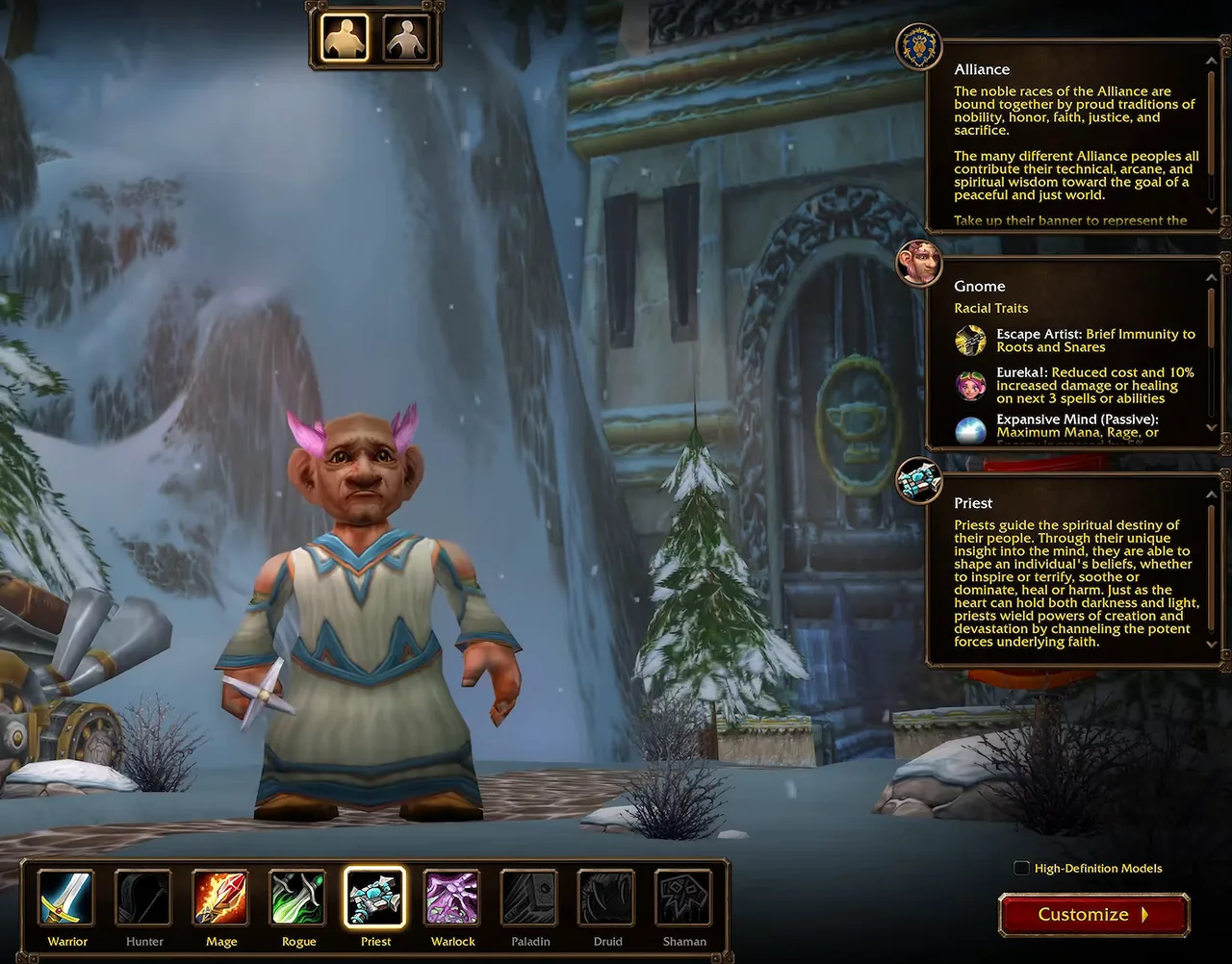 Panel de habilidades raciales del gnomo en la pantalla de selección de WoW Forever, con Artista del escape, Eureka! y Mente expansiva, con sacerdote elegido