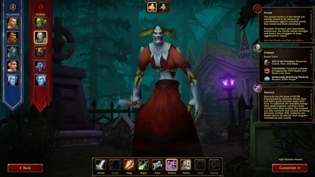 Pantalla de selección de raza y clase de WoW Forever con un brujo no-muerto elegido; la barra de clases atenúa cazador, druida y chamán para el no-muerto