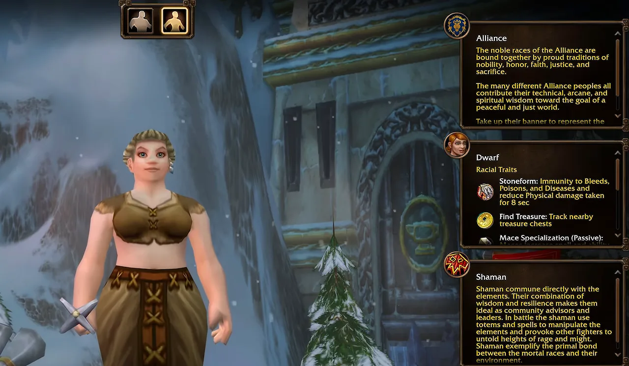 Creador de personajes de WoW Forever con una enana seleccionada y chamán elegido, con el panel de rasgos raciales del enano que muestra Petraforma y Buscar tesoro