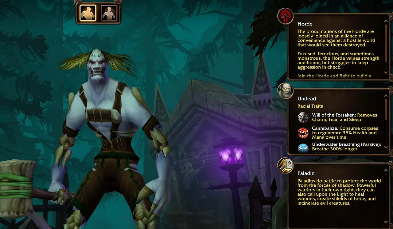 Creador de personajes de WoW Forever con no-muerto y paladín seleccionados, y el panel de rasgos raciales con Voluntad de los Renegados, Canibalizar y Respiración subacuática