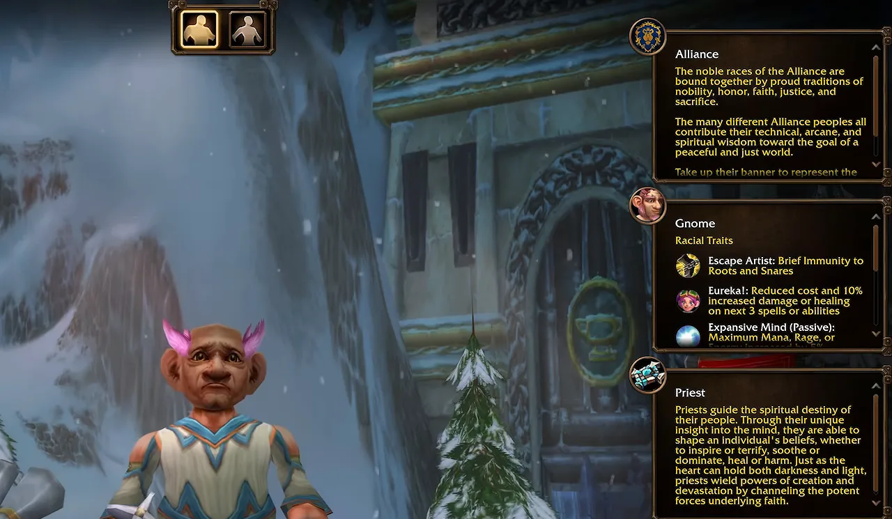 Creador de personajes de WoW Forever con gnomo y sacerdote seleccionados; el panel de rasgos raciales muestra Artista del escape, Eureka! y Mente expansiva
