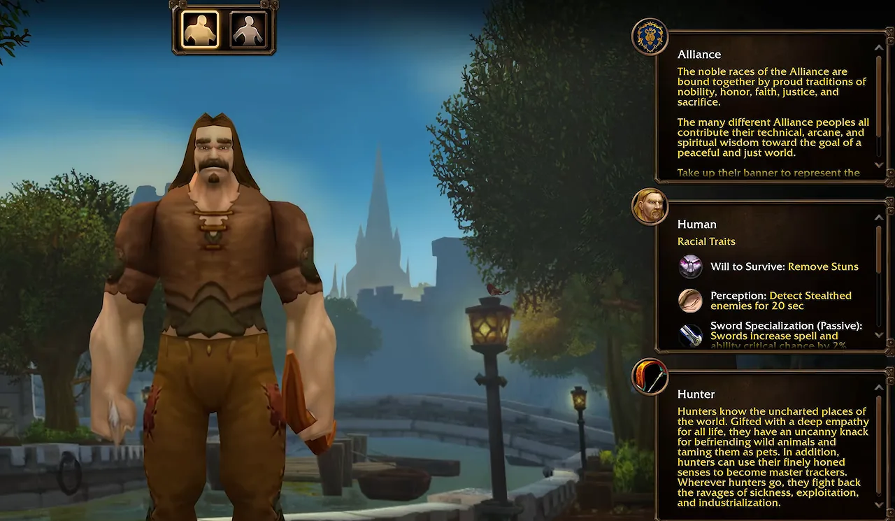 Créateur de personnage de WoW Forever avec Humain et Chasseur sélectionnés, le panneau des traits raciaux affichant Will to Survive, Perception et Spécialisation Epée