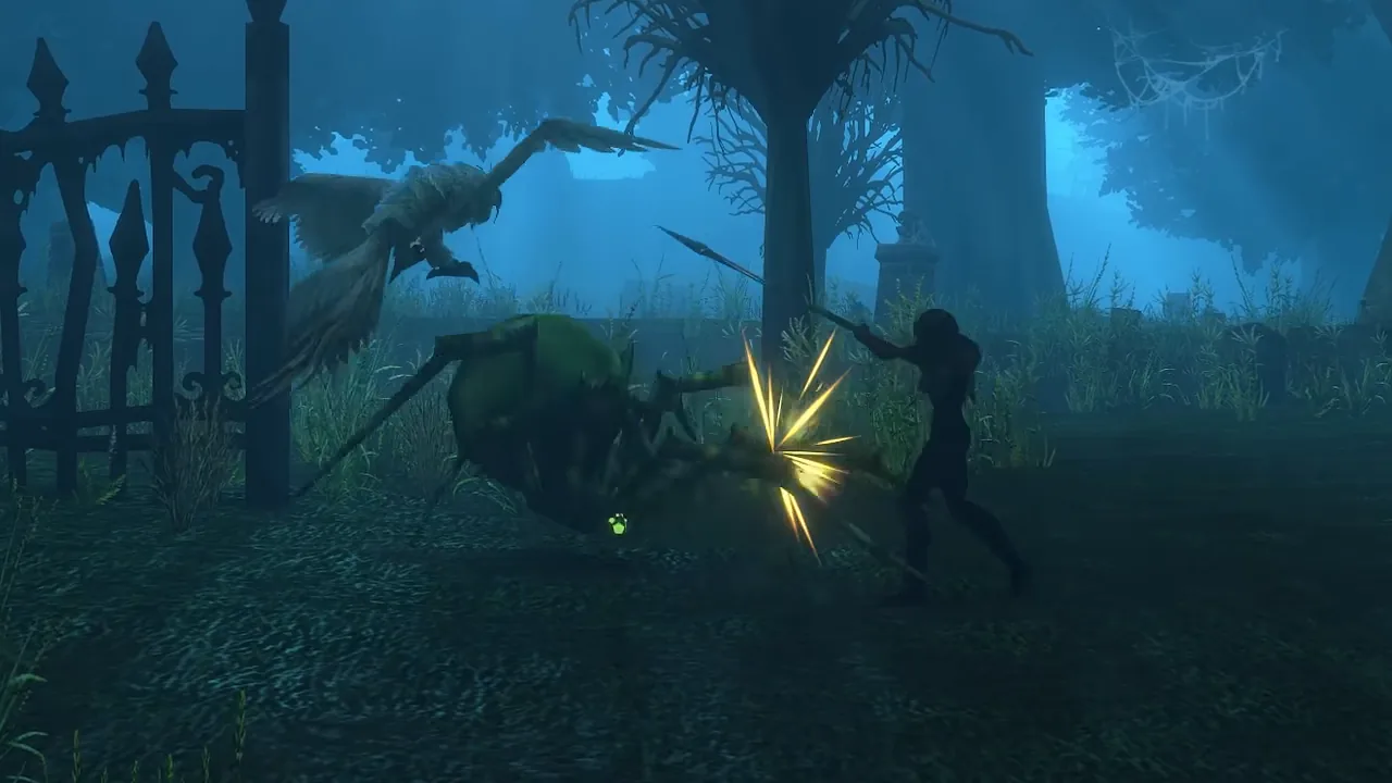 Silhouette d’un chasseur humain tirant sur une araignée verte près d’une grille de cimetière en fer, de nuit, tandis qu’un grand oiseau fond sur elle, extrait de la vidéo des combinaisons de Blizzard