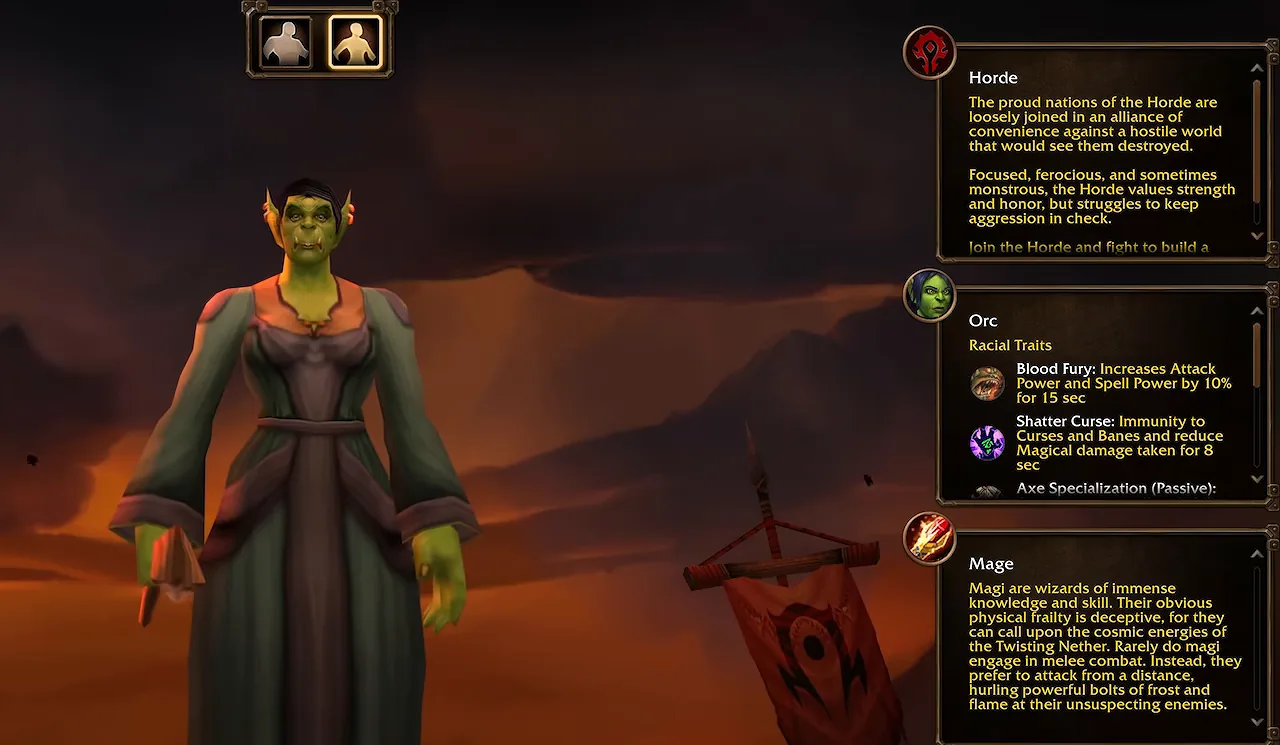 Creador de personajes de WoW Forever con una orca seleccionada y la clase maga elegida; el panel de rasgos raciales del orco muestra Furia sangrienta y Shatter Curse