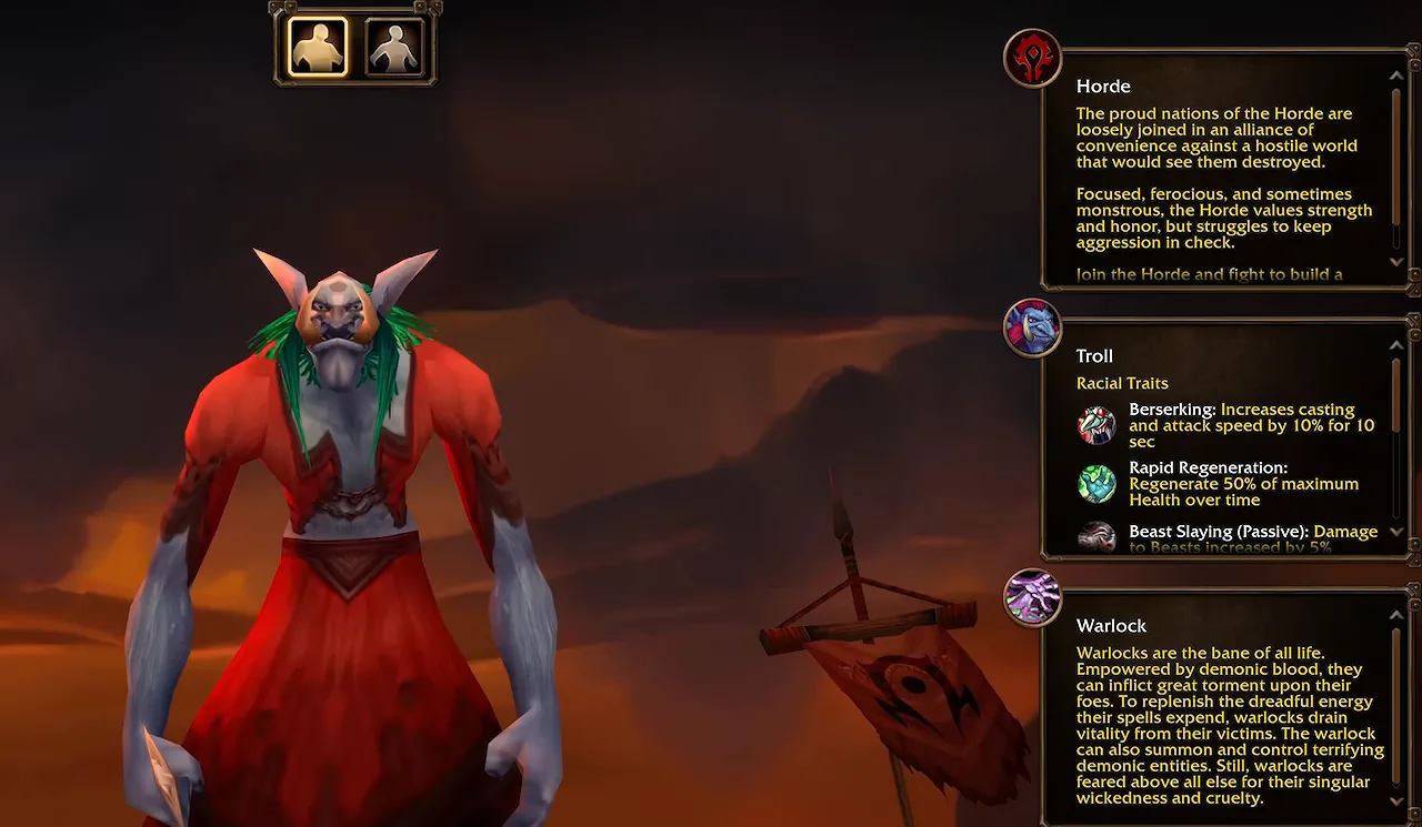 Charaktererstellung von WoW Forever mit ausgewähltem Troll und gewähltem Hexenmeister, das Panel der Troll-Volksfähigkeiten zeigt Berserking, Rapid Regeneration und Wildtierschlächter