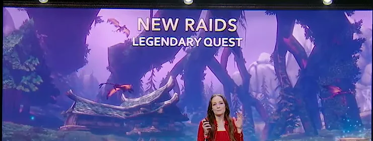 BlizzCon-Folie mit dem Titel New Raids, Legendary Quest: ein geschwungenes Dach unter violetten, verdrehten Bäumen, unten der Moderator