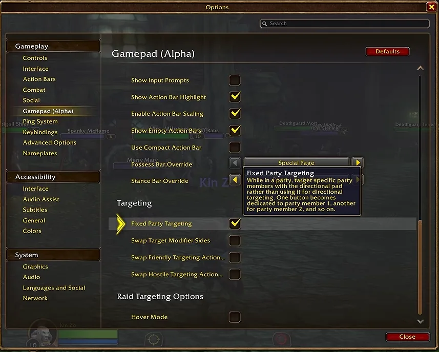 Optionsseite Gamepad (Alpha) in der WoW-Forever-Beta, bei der der Tooltip zu Fixed Party Targeting über den Optionen zum Tauschen des Zielens geöffnet ist