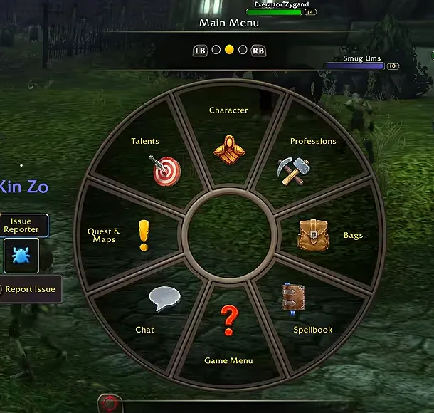 Radiales Hauptmenü in der Gamepad-UI der WoW-Forever-Beta mit den Einträgen Charakter, Berufe, Taschen, Zauberbuch, Spielmenü, Chat, Quests und Karten sowie Talente