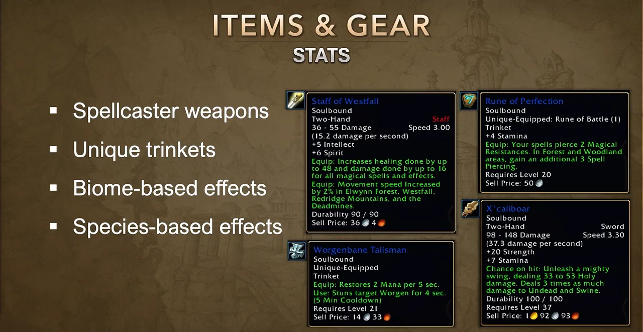 Diapositiva de BlizzCon sobre objetos y equipo con armas de lanzador de hechizos, abalorios únicos, efectos de bioma y de especie, con descripciones emergentes del Dije de aterrahuargen y de X'caliboar