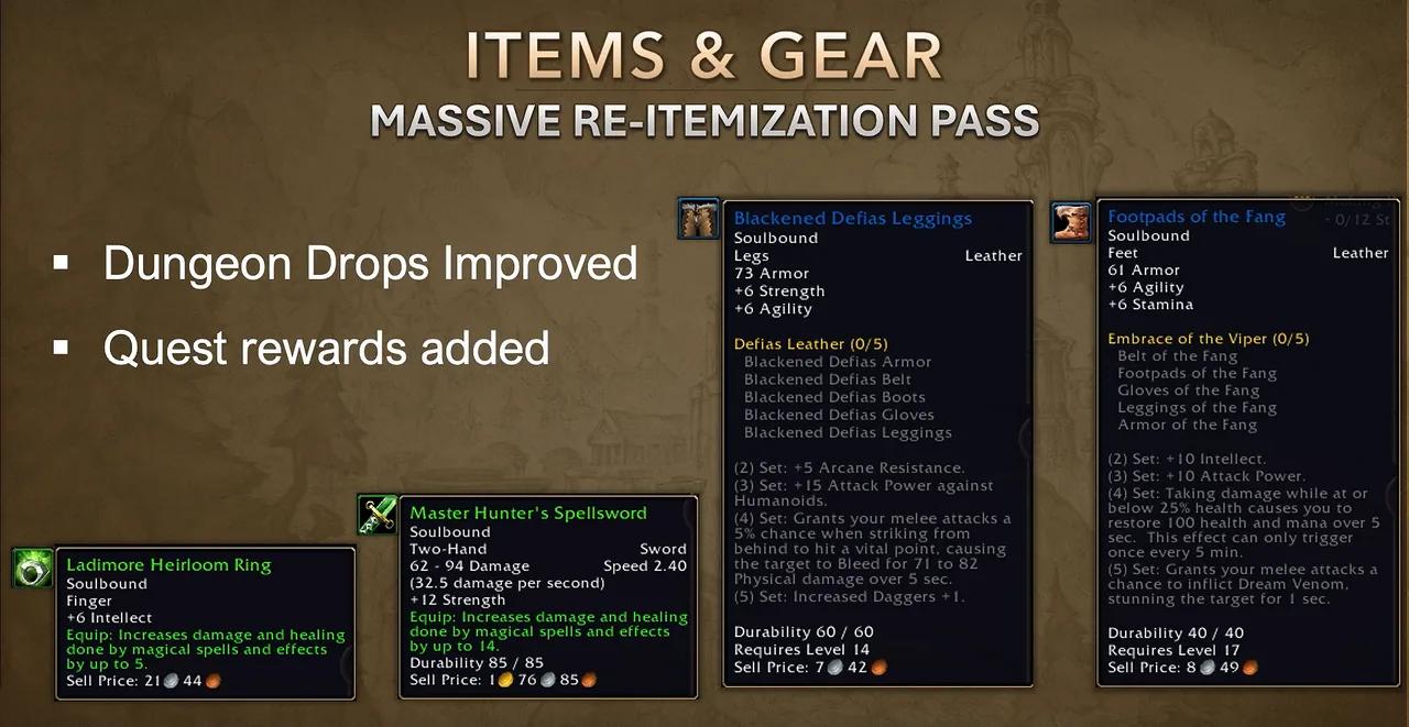 BlizzCon Massive Re-Itemization Pass slide listing better dungeon drops and added quest rewards, with Ladimore Heirloom Ring and Master Hunter's Spellsword