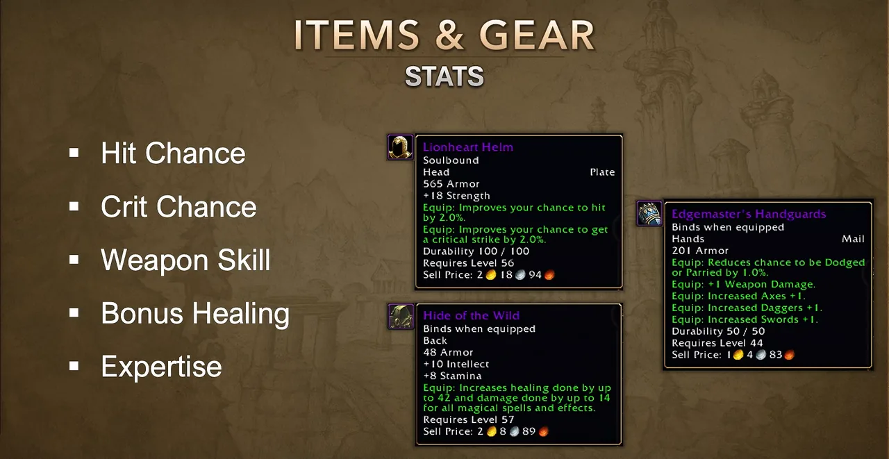 Diapositiva de BlizzCon sobre objetos y estadísticas de equipo con Probabilidad de golpe, Probabilidad de crítico, Habilidad con armas, Sanación adicional y Pericia junto a tres descripciones emergentes de objetos de ejemplo
