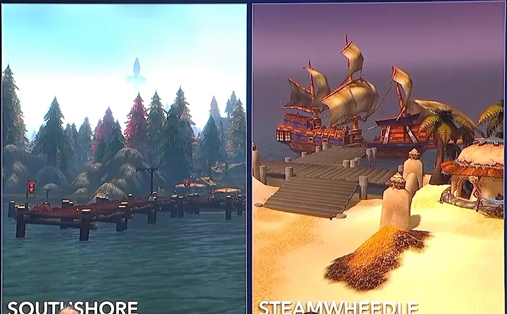 Paneles de la diapositiva World Travel de la BlizzCon rotulados Southshore, un embarcadero de madera entre pinos, y Steamwheedle, un muelle arenoso con un barco de vela atracado