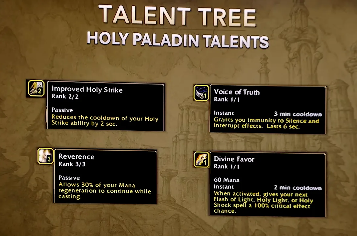 BlizzCon Deep Dive slide titled Holy Paladin Talents, with cards for Improved Holy Strike, Voice of Truth, Reverence and Divine Favor