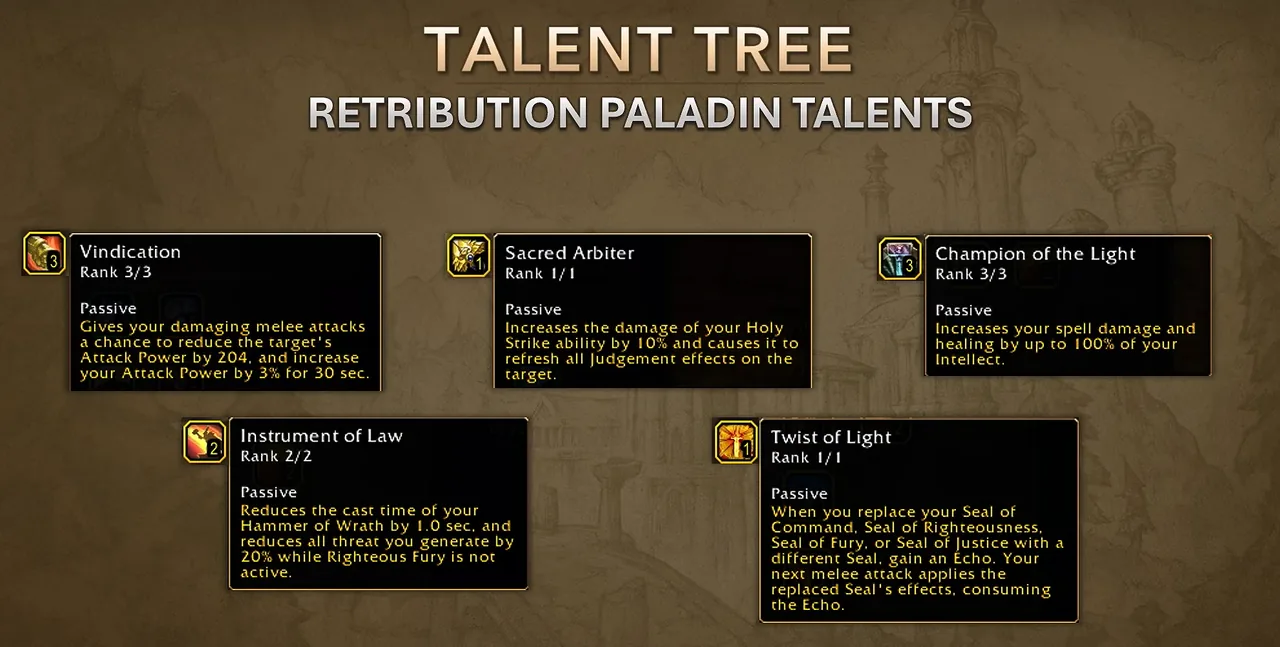 BlizzCon slide titled Retribution Paladin Talents with cards for Vindication, Sacred Arbiter, Champion of the Light, Instrument of Law and Twist of Light