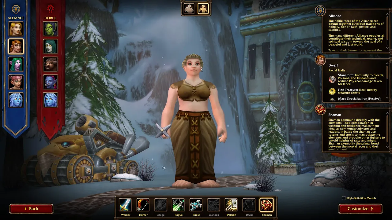 Pantalla de selección de WoW Forever con chamán enano elegido: el panel del enano lista Petraforma, Buscar tesoro y Mace Specialization junto al texto del chamán
