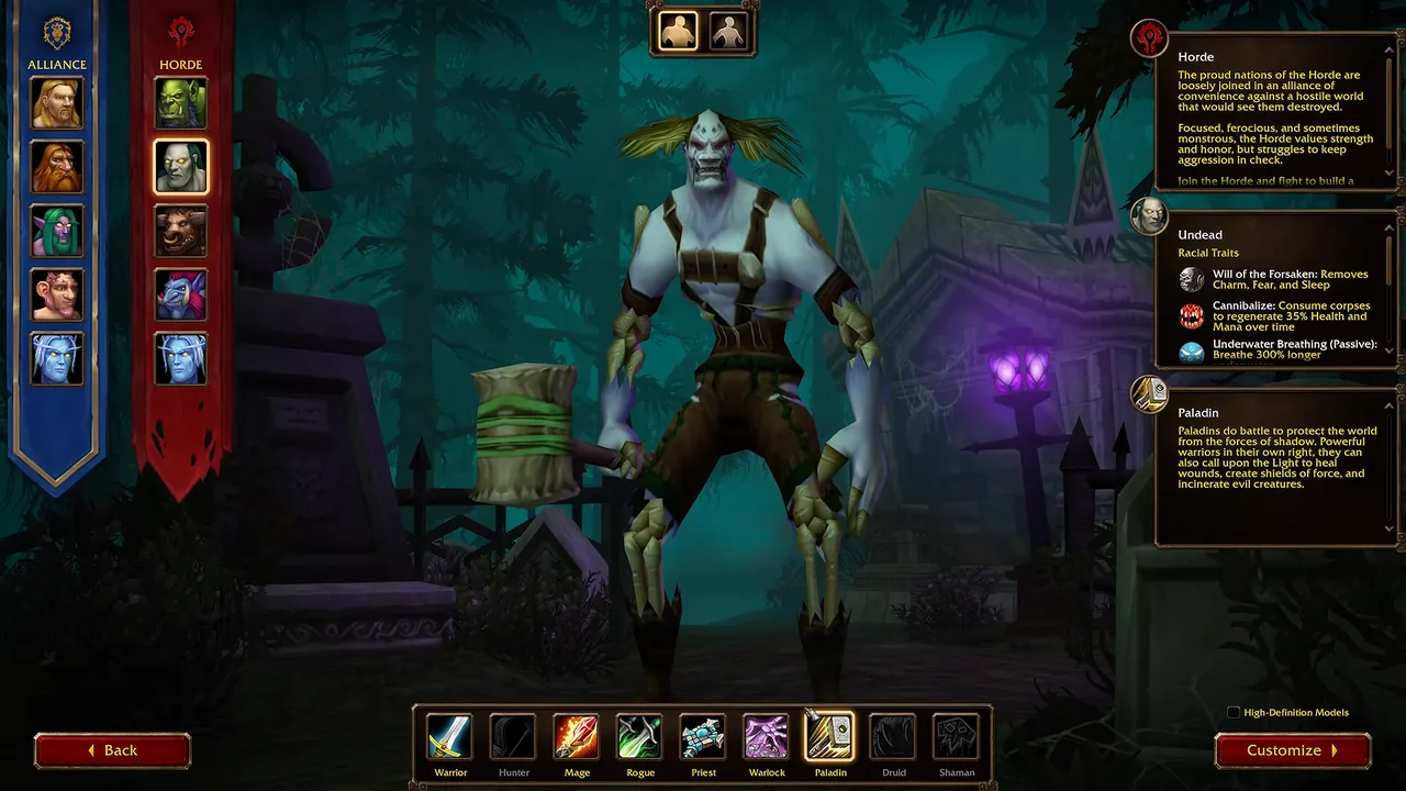 Pantalla de selección de WoW Forever con paladín no-muerto elegido: el panel del no-muerto lista Voluntad de los Renegados, Canibalizar y Respiración subacuática