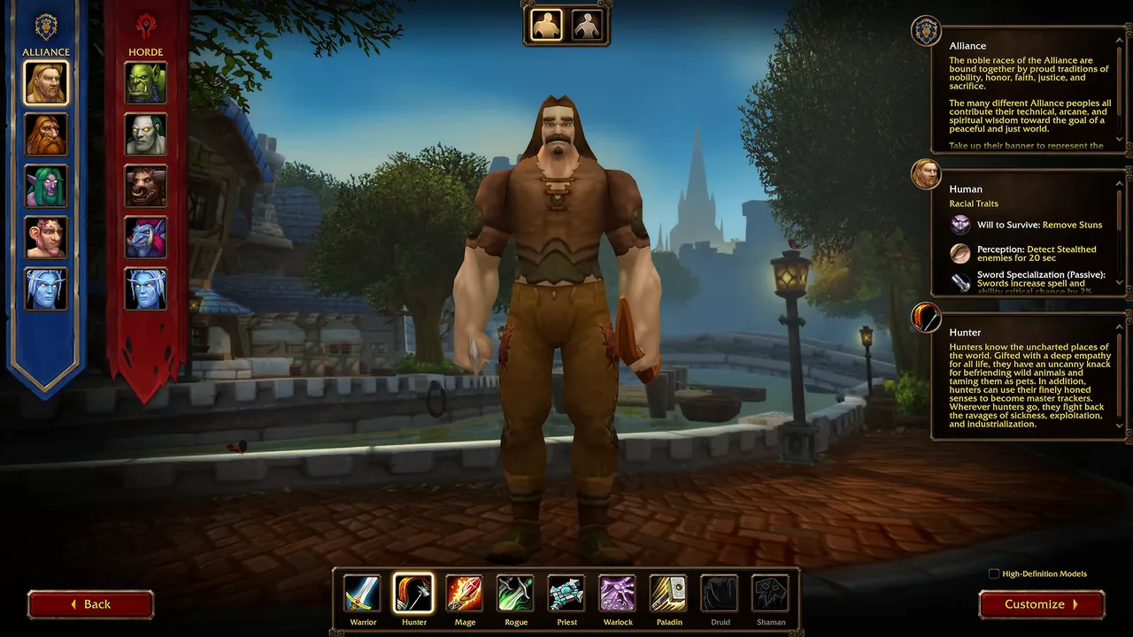 Pantalla de selección de WoW Forever con cazador humano elegido: habilidades raciales humanas Will to Survive, Percepción y Especialización en espada junto al texto del cazador